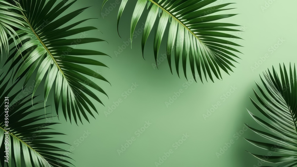 A minimalist design featuring palm leaves on a soft green background, evoking a serene tropical ambiance. A minimalist design featuring palm leaves on a soft green background, evoking a serene tropical ambiance.