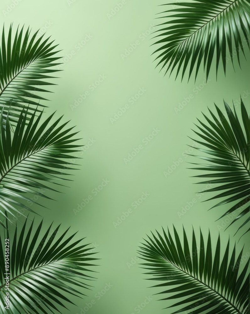 A minimalist design featuring palm leaves on a soft green background, evoking a serene tropical ambiance. A minimalist design featuring palm leaves on a soft green background, evoking a serene tropical ambiance.
