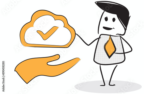 cloud data safety line art stickman design.