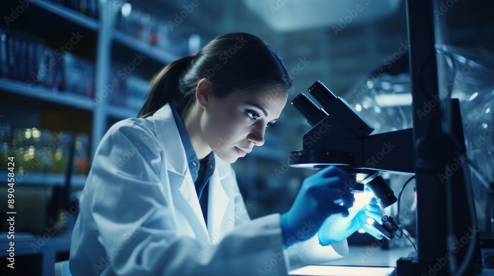 Young woman scientist using microscope for research in laboratory Young woman scientist using microscope for research in laboratory