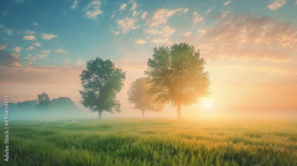 Tranquil foggy grassland with trees at sunrise, serene and peaceful morning scene Tranquil foggy grassland with trees at sunrise, serene and peaceful morning scene