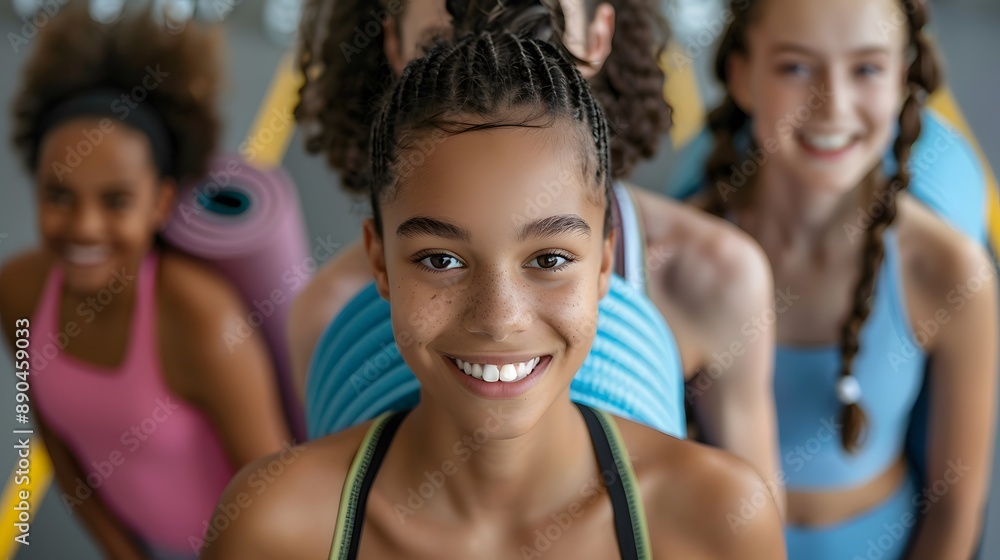 Happy beautiful diverse girls with yoga mats standing in gym. Happy beautiful diverse girls with yoga mats standing in gym.