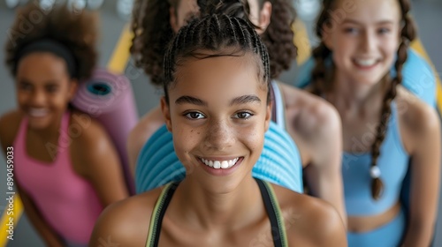 Happy beautiful diverse girls with yoga mats standing in gym. © Berkah