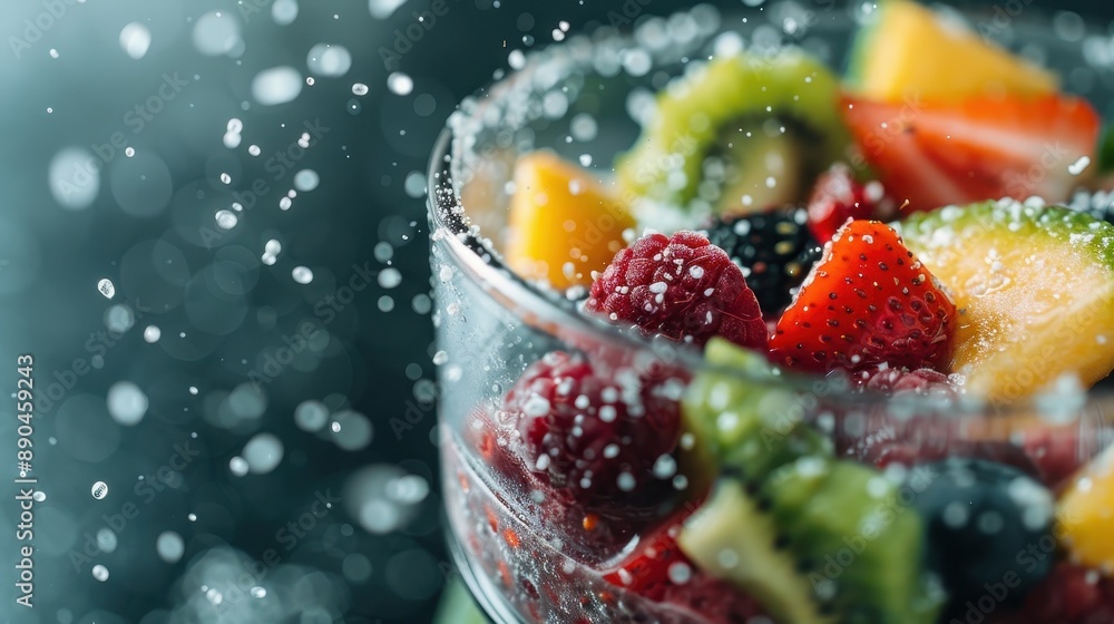 A vibrant bowl of mixed fresh fruits like strawberries, raspberries, kiwi, and peaches with water splashes, emphasizing freshness, health, and the joy of natural foods. A vibrant bowl of mixed fresh fruits like strawberries, raspberries, kiwi, and peaches with water splashes, emphasizing freshness, health, and the joy of natural foods.
