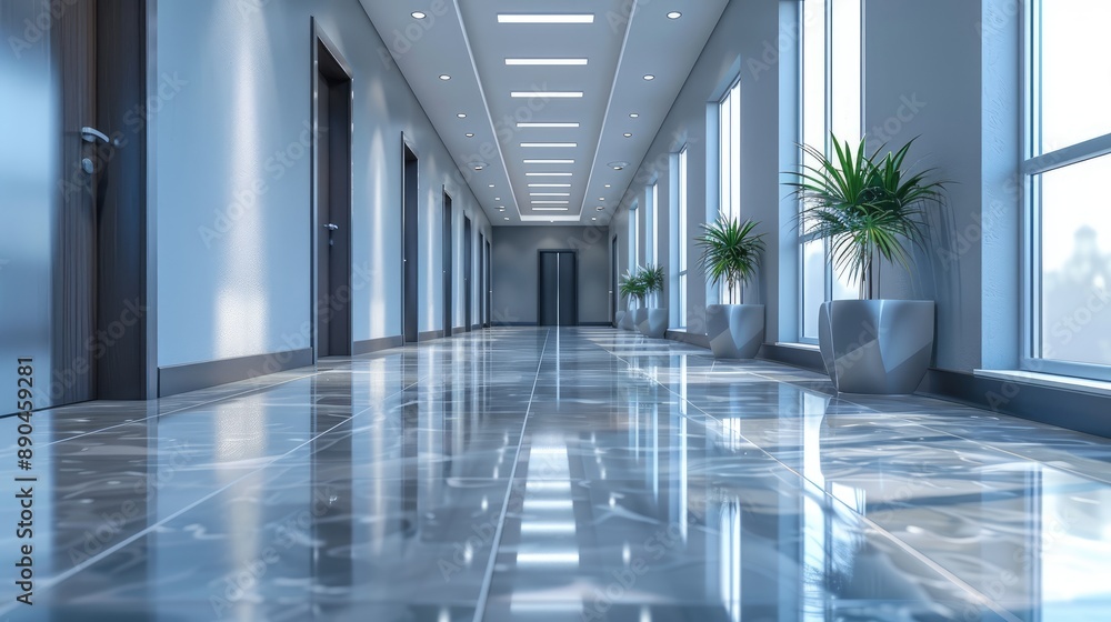 A polished office hallway with reflective floors, large windows, and potted plants, creating a professional and clean environment A polished office hallway with reflective floors, large windows, and potted plants, creating a professional and clean environment