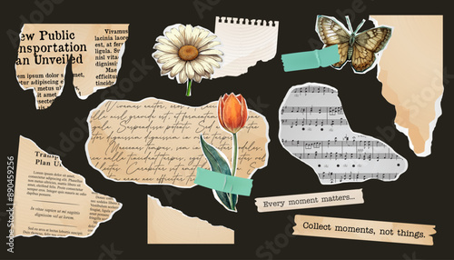 A set of torn paper, a collage of notebook sheets, an old newspaper.  stamp butterfly and flower, vintage scrapbook. Paper cut elements