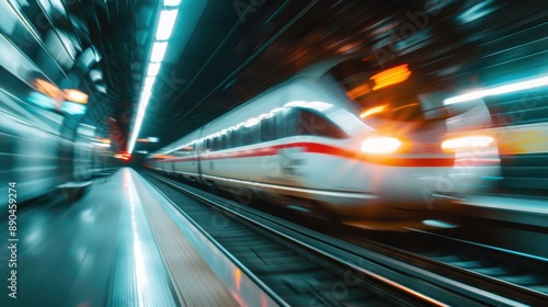 A high-speed train rushing through a brightly lit station, epitomizing rapid transit, technological progress, and the vibrant rush of modern urban commute.