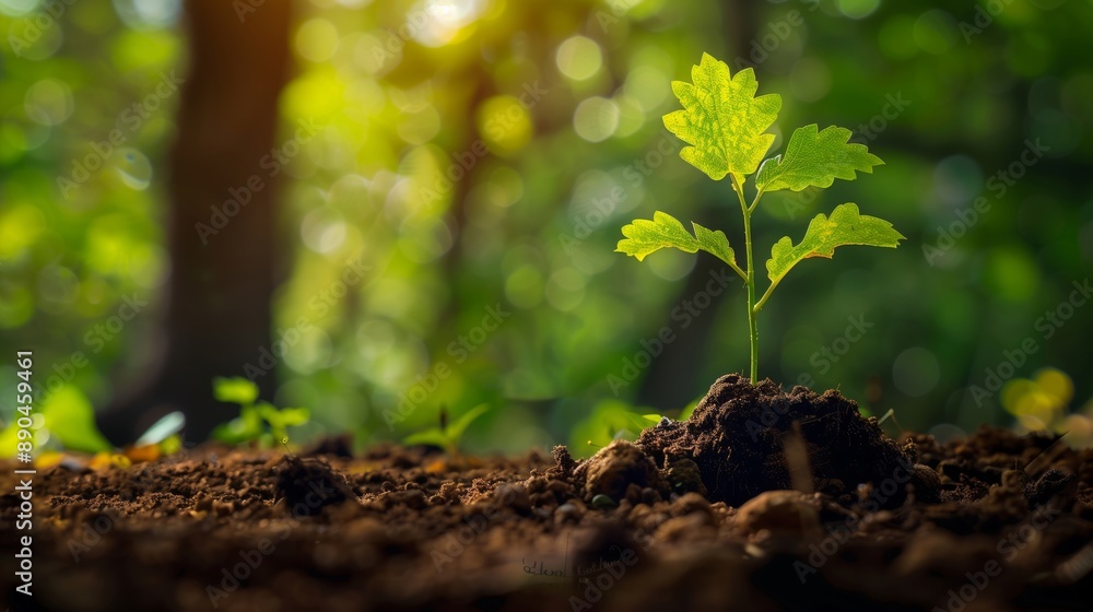 Seedling in forest with sunlight showcasing growth and renewal Seedling in forest with sunlight showcasing growth and renewal