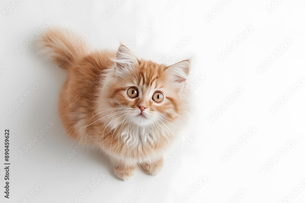 Adorable ginger kitten with fluffy fur sitting and staring up, with a white background. Adorable ginger kitten with fluffy fur sitting and staring up, with a white background.
