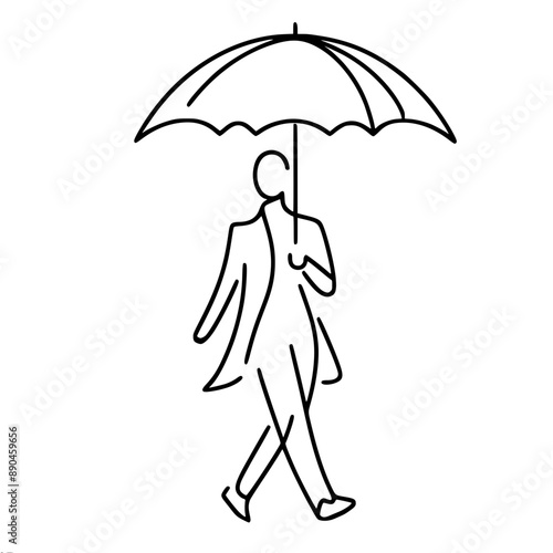 Minimalistic vector drawing of a cheerful gentleman walking with an umbrella. The art of simplicity and style in monochrome.