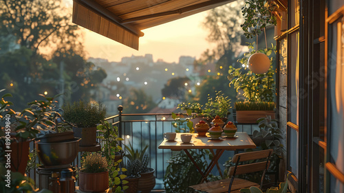 Fototapeta Naklejka Na Ścianę i Meble -  A small table on a balcony shaded by an awning, with a cool breeze from a fan, a sweet dessert, and a view blending evening and morning. This place is located on a higher floor. Generative AI.