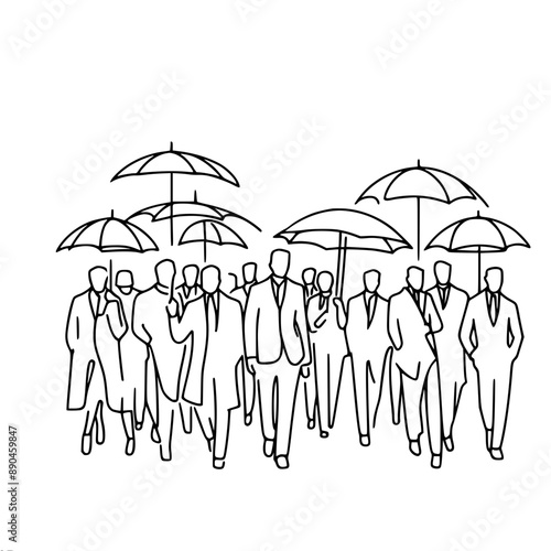 single line vector line drawing, Group of men in business clothes with umbrellas, depicted in a minimalistic and monochrome style