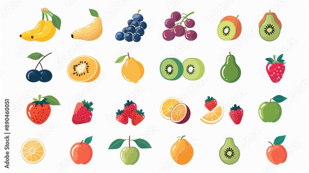 White background with a set of fruit icons, flat style for print and web design White background with a set of fruit icons, flat style for print and web design