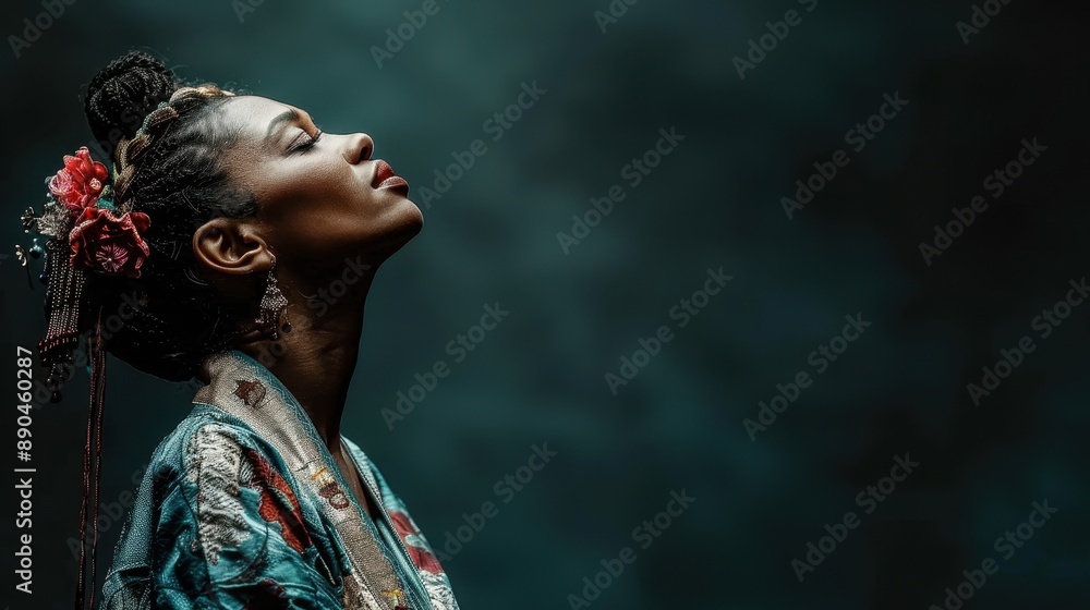 Fototapeta premium A person adorned in a detailed, traditional costume gazing upwards thoughtfully, illuminated softly against a dark backdrop, conveying a sense of introspection and grace.
