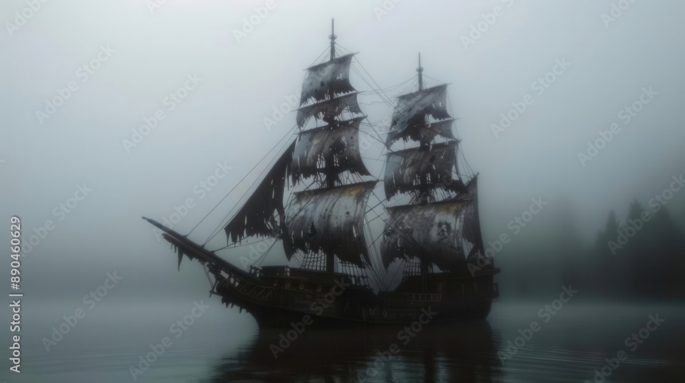 Fototapeta premium A ghost ship sailing through foggy waters, with tattered sails and ghostly crew