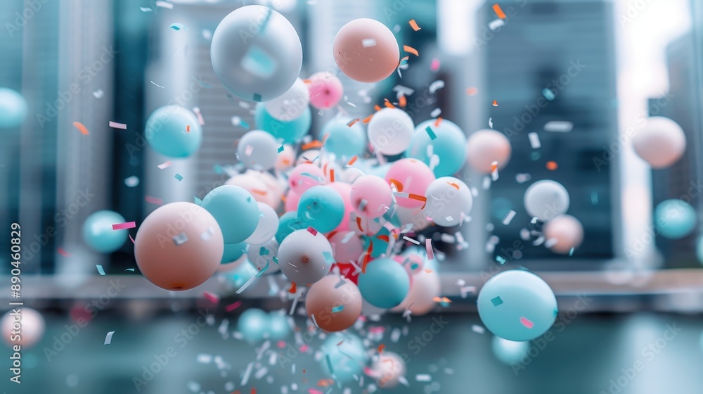 A lively scene of pastel-colored balloons floating against a city backdrop, emphasizing an air of celebration, joy, and urban festivity amidst modern surroundings. A lively scene of pastel-colored balloons floating against a city backdrop, emphasizing an air of celebration, joy, and urban festivity amidst modern surroundings.