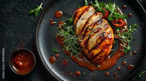 A birds-eye view of a succulent chicken breast with rich mole sauce beautifully drizzled over it, captured in a realistic digital illustration photo