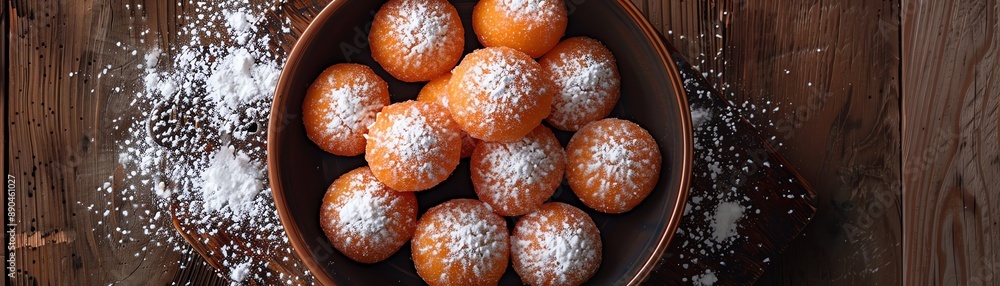 Capture a panoramic view of Bunuelos with a delicate dusting of sugar, vibrant and inviting, perfect for a food magazine cover Capture a panoramic view of Bunuelos with a delicate dusting of sugar, vibrant and inviting, perfect for a food magazine cover