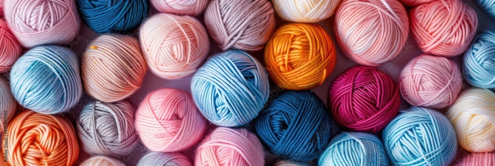 A bunch of colorful yarn balls are piled up on a table A bunch of colorful yarn balls are piled up on a table