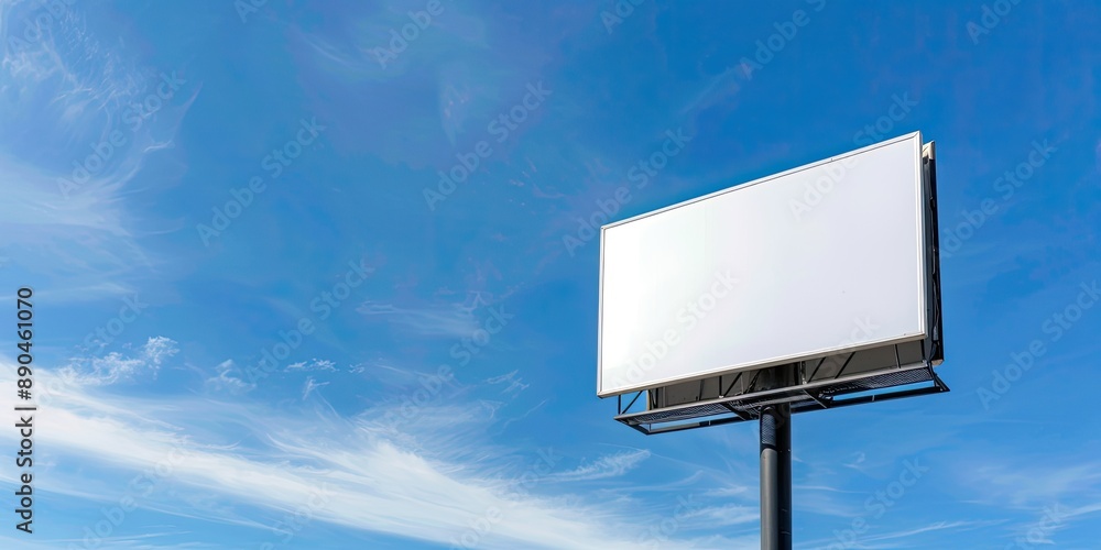 A large billboard sits on a pole in front of a clear blue sky A large billboard sits on a pole in front of a clear blue sky