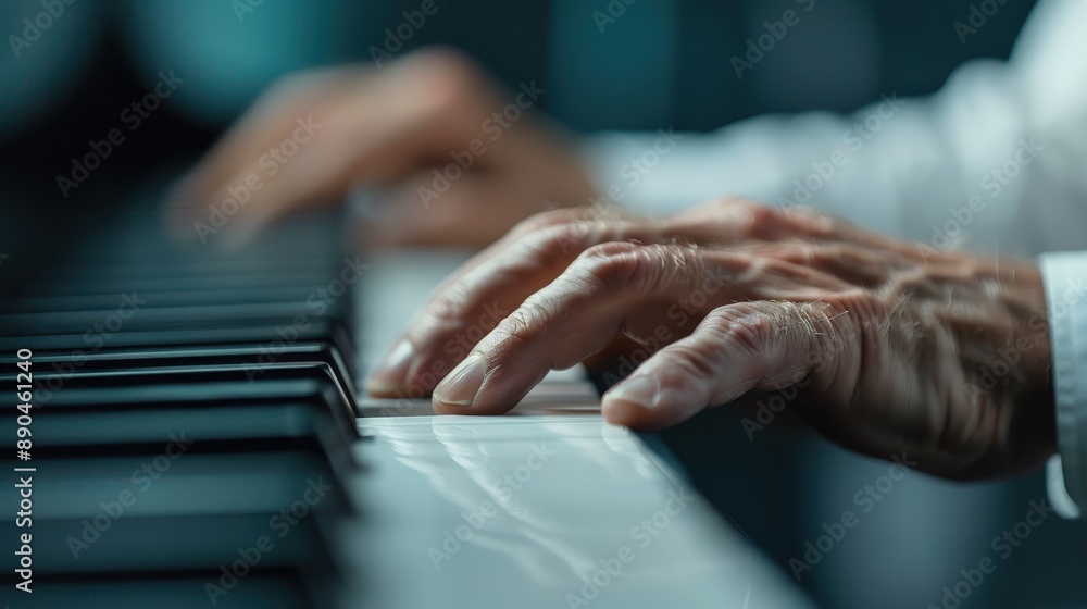 A close-up view of a right hand, visually showcasing the dexterity needed to play the white keys of a piano, highlighting music creation in a focused atmosphere. A close-up view of a right hand, visually showcasing the dexterity needed to play the white keys of a piano, highlighting music creation in a focused atmosphere.