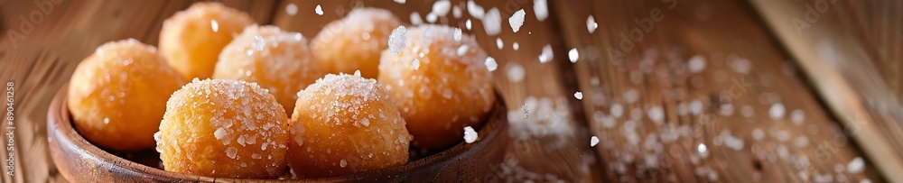 Craft a digital masterpiece showcasing Bunuelos featuring a light sugar dusting, emphasizing their golden crisp texture, ideal for a culinary website banner Craft a digital masterpiece showcasing Bunuelos featuring a light sugar dusting, emphasizing their golden crisp texture, ideal for a culinary website banner