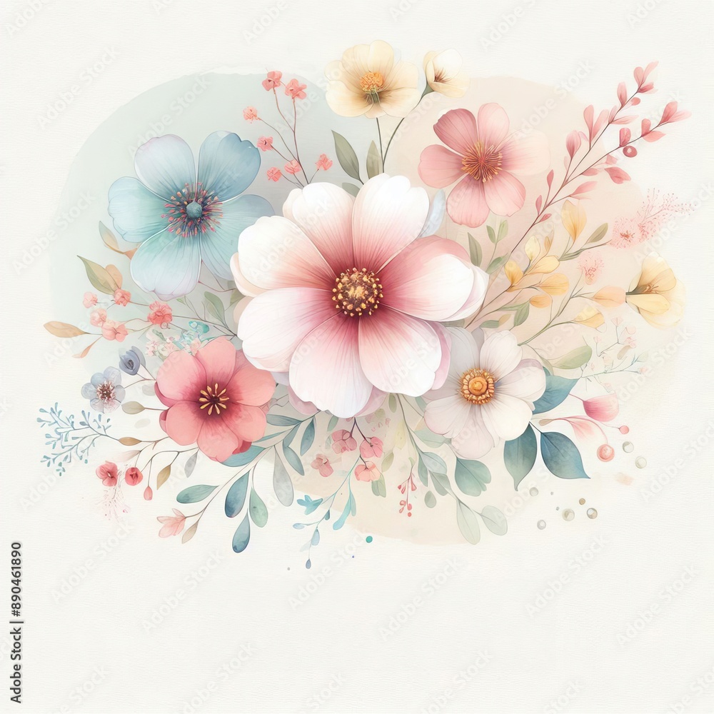 Fototapeta premium Delicate Floral Watercolor Background, Frame, for Social Media Posts, Banner, Wedding Invitation, Web. Watercolor flower ornaments on white background.