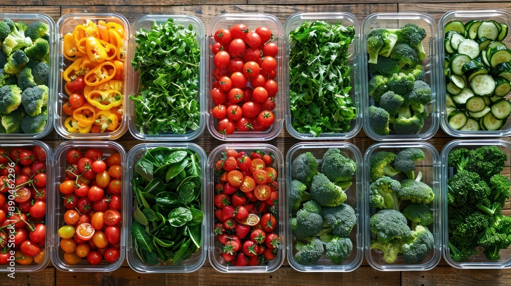 vegetable and fruit salads Spread out on a wooden table, natural light. vegetable and fruit salads Spread out on a wooden table, natural light.