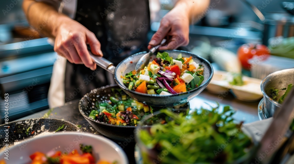 Chef is plating a colorful and healthy salad in a restaurant kitchen, using fresh ingredients