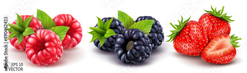 Ripe blackberries, raspberries, strawberries and green leaves. Vector realistic set of wild forest berries. 3D food illustration isolated on white background for advertising and packaging design
