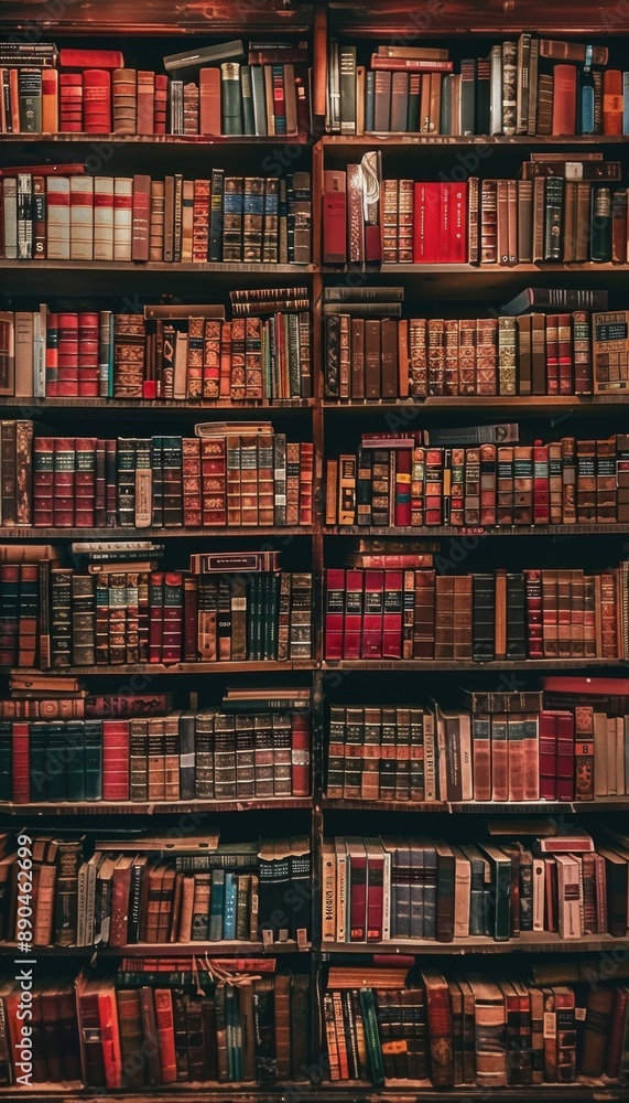 The background is large wooden bookshelves full of books on wall in the library. Knowledge archives The background is large wooden bookshelves full of books on wall in the library. Knowledge archives