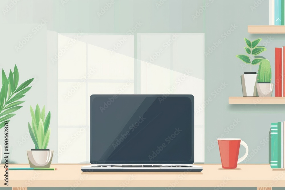 Minimalist flat design of a modern office workspace with a laptop and coffee cup Minimalist flat design of a modern office workspace with a laptop and coffee cup