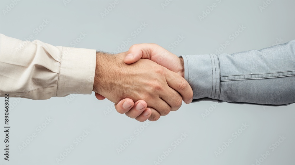 Close-up of a handshake between two people wearing long-sleeved shirts in a plain, light-colored background.