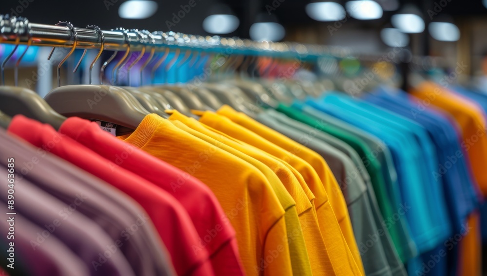 Fototapeta premium Colorful T-Shirts Hanging on Wooden Hangers in a Retail Store
