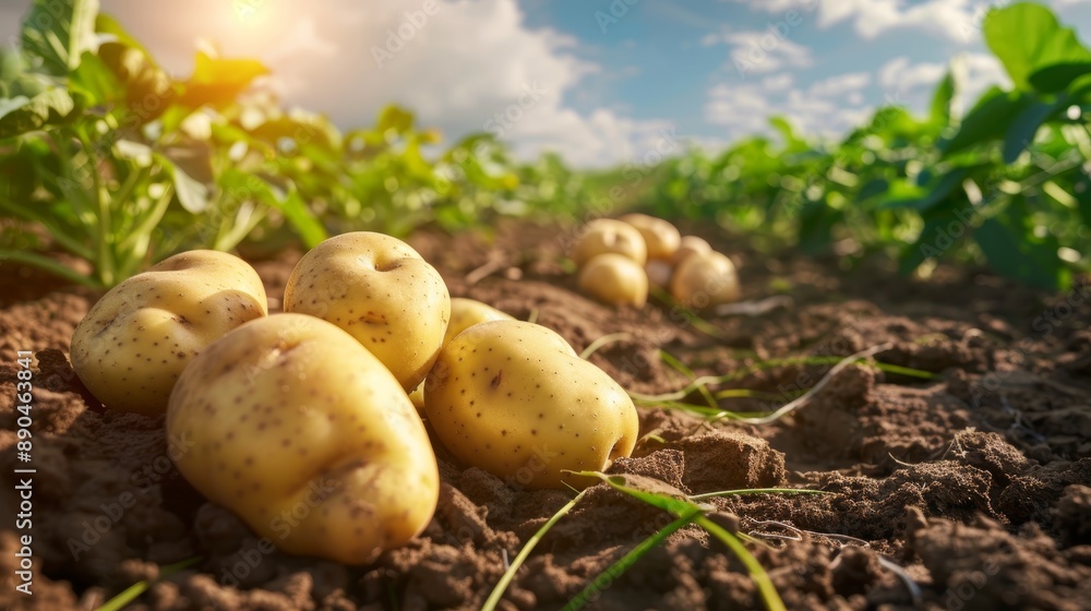 Freshly Harvested Potatoes in a Field, Sunlight Gleaming on the Ripe Tubers Freshly Harvested Potatoes in a Field, Sunlight Gleaming on the Ripe Tubers