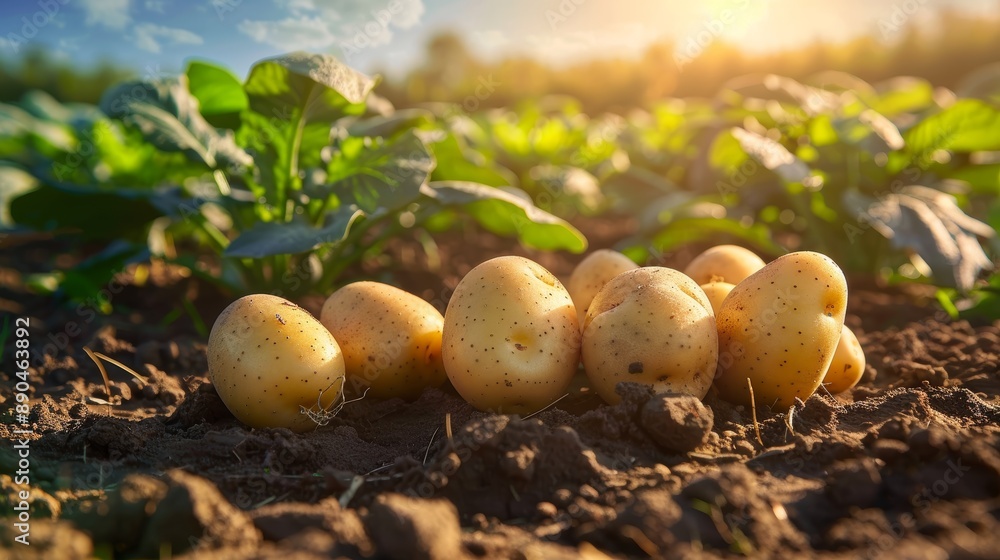 Freshly Harvested Potatoes in a Lush Green Field at Sunset Freshly Harvested Potatoes in a Lush Green Field at Sunset
