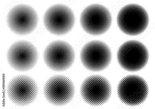 ドットグラデーションのモノクロの丸のイラストのセット
