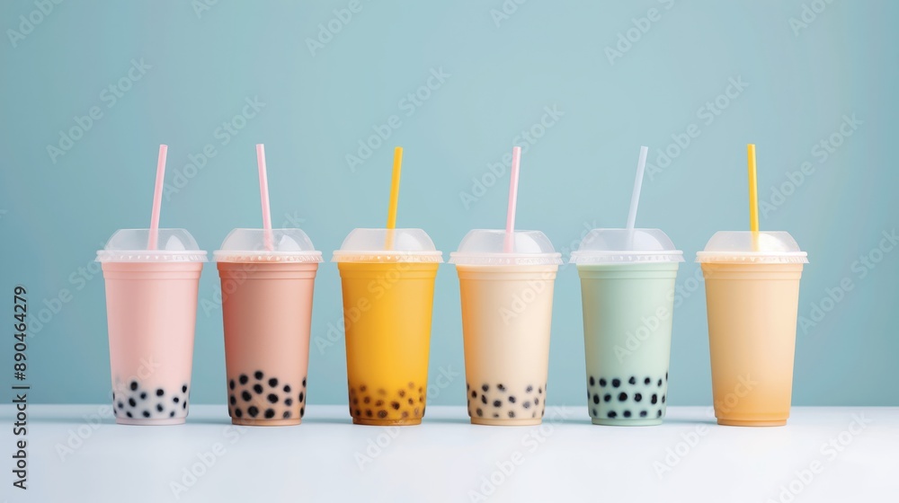 Six colorful plastic cups with dome lids and straws containing various flavors of bubble tea on a light blue background. Six colorful plastic cups with dome lids and straws containing various flavors of bubble tea on a light blue background.