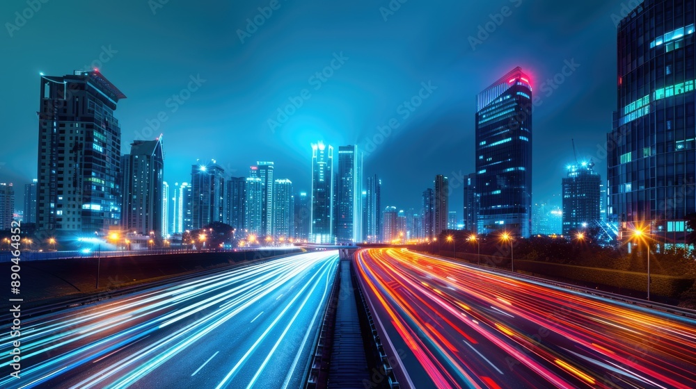 wet road from thunderstorm with lightning over big city with skyline cityscape. wet road from thunderstorm with lightning over big city with skyline cityscape.