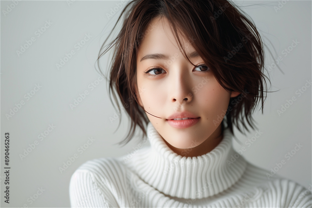 White background Studio,wearing a short-sleeved turtleneck, Short hair Korean woman in her 20s White background Studio,wearing a short-sleeved turtleneck, Short hair Korean woman in her 20s
