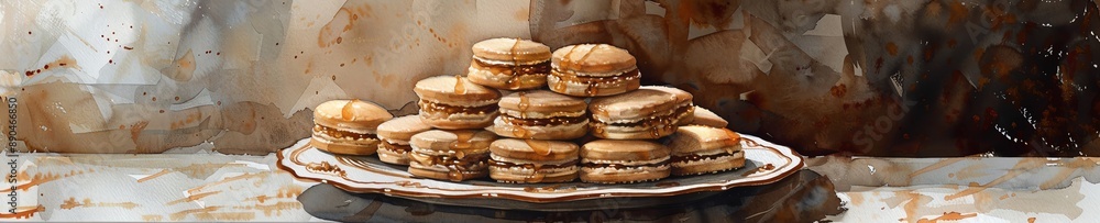 Capture a serene scene of a plate filled with neatly arranged Alfajores Capture a serene scene of a plate filled with neatly arranged Alfajores