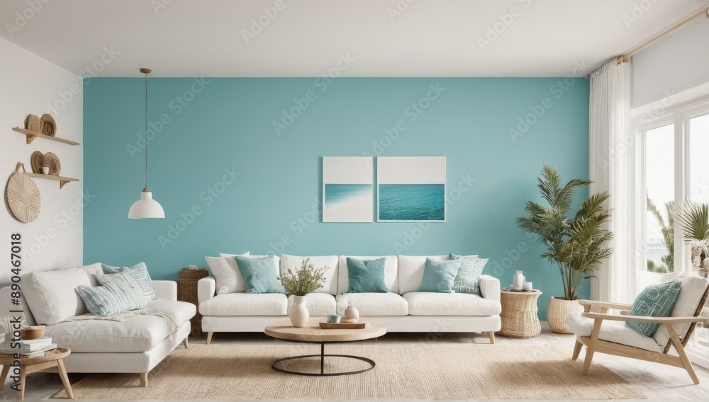 Fototapeta premium Modern living room interior with sofa and green pastel walls