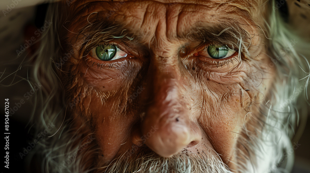 Intense portrait of an elderly cowboy with striking green eyes, weathered face and gray beard Intense portrait of an elderly cowboy with striking green eyes, weathered face and gray beard