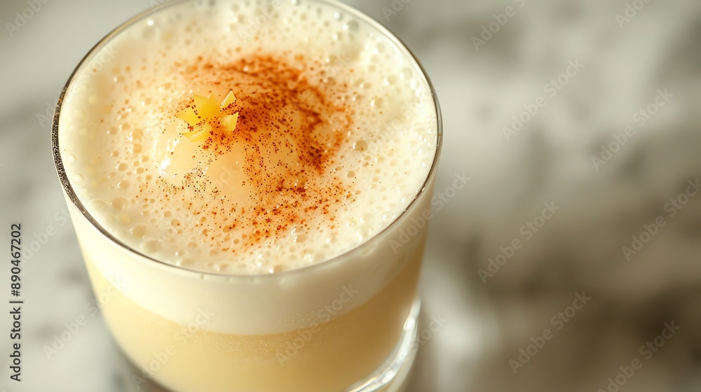 Craft a visually appealing image of a Pisco sour adorned with a beautifully frothy egg white crown, viewed from above to accentuate the drinks artistry and sophistication Craft a visually appealing image of a Pisco sour adorned with a beautifully frothy egg white crown, viewed from above to accentuate the drinks artistry and sophistication