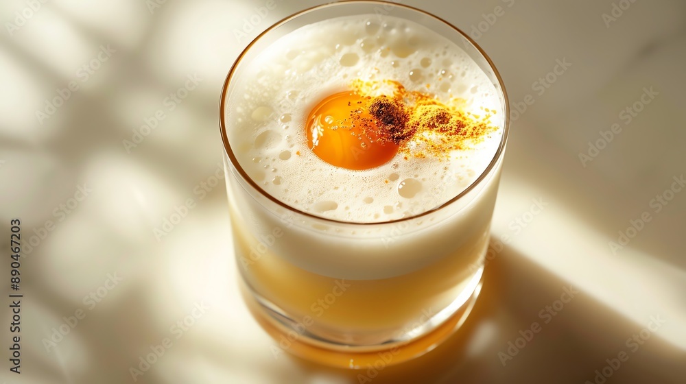 Craft a visually appealing image of a Pisco sour adorned with a beautifully frothy egg white crown, viewed from above to accentuate the drinks artistry and sophistication Craft a visually appealing image of a Pisco sour adorned with a beautifully frothy egg white crown, viewed from above to accentuate the drinks artistry and sophistication