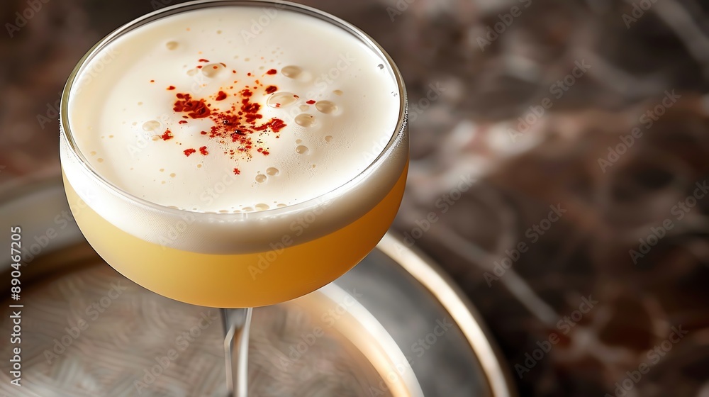 Craft a visually appealing image of a Pisco sour adorned with a beautifully frothy egg white crown, viewed from above to accentuate the drinks artistry and sophistication Craft a visually appealing image of a Pisco sour adorned with a beautifully frothy egg white crown, viewed from above to accentuate the drinks artistry and sophistication