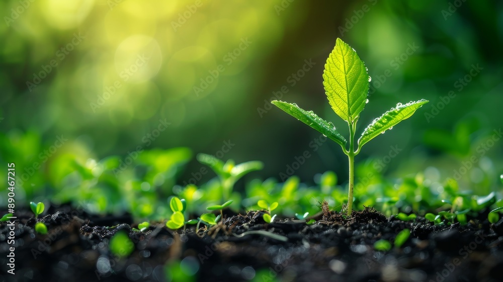 Young Plant Growing in Rich Soil With Sunlight and Green Background Young Plant Growing in Rich Soil With Sunlight and Green Background