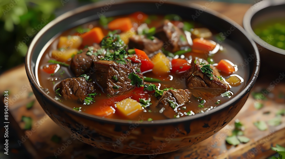 Craft a visually striking 3D render of Caldo de Res, emphasizing the rich textures of simmered beef, fresh vegetables, and a clear broth, with a focus on photorealism Craft a visually striking 3D render of Caldo de Res, emphasizing the rich textures of simmered beef, fresh vegetables, and a clear broth, with a focus on photorealism