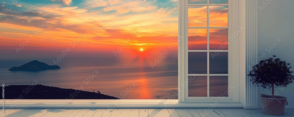 Fototapeta premium Sunset Reflections A cafe window reflecting a breathtaking sunset, creating a mesmerizing play of light and color