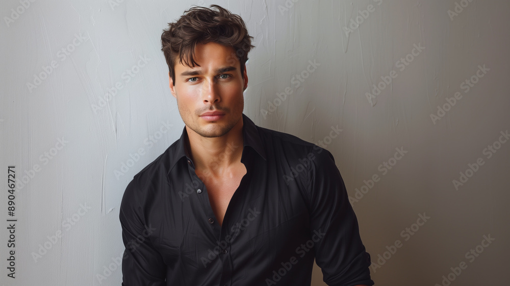 handsome male model in black shirt standing against the wall, portrait of a guy handsome male model in black shirt standing against the wall, portrait of a guy